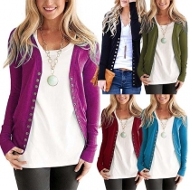 Fashion Solid Color Long Sleeve V-neck Buttons Cardigan