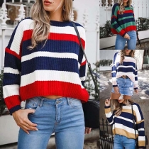 Fashion Round-neck Contrast Color Long Sleeve Striped Sweater