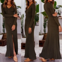 Sexy V-neck Slit Hem Long Sleeve Solid Color Maxi Dress
