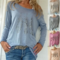Fashion Long Sleeve Round Neck Feather Printed T-shirt