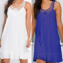 Fashion Lace Spliced Round Neck Sleeveless Backless Ruffled Hem Dress