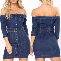 Sexy Off-the-shoulder 3/4 Sleeve Button-front Slim-fit Denim Dress
