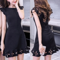Fashion Hollow-out Hem Black Short Sleeve Slim-fit Mini Dress