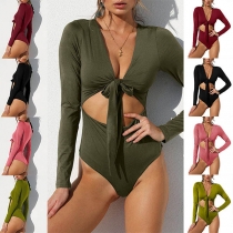Sexy Deep V-neck Tie-front Cutout Long Sleeve Bodysuit