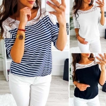 Fashion Round Neck Lace-Trim Spliced Long Sleeve Top