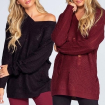 Fashion Solid Color Long Sleeve V-neck Ripped Sweater