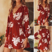 Sexy Deep V-neck Long Sleeve Printed Dress