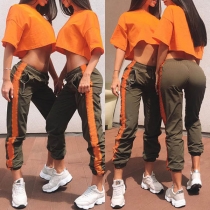 Fashion Contrast Color Elastic Waist Sports Pants 