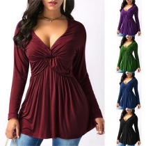 Sexy V-neck Long Sleeve Solid Color Wrinkled T-shirt