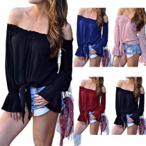 Sexy Off-shoulder Boat Neck Trumpet Sleeve Knotted Hem Top