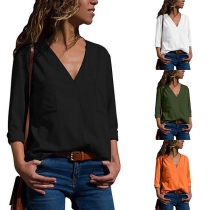 Fashion Solid Color Long Sleeve V-neck Blouse