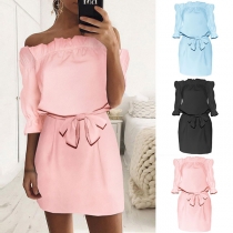 Sexy Off-shoulder Boat Neck 3/4 Sleeve Solid Color Dress