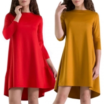 Fashion Solid Color Long Sleeve High-low Hem Dress