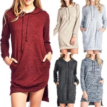 Fashion Long Sleeve High-low Hem Hooded Sweatshirt Dress