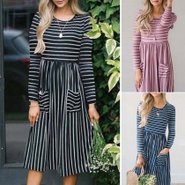 Fashion Long Sleeve Round Neck Striped Dress
