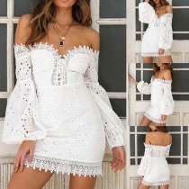 Sexy Off-shoulder Long Sleeve Lace Spliced Slim Fit Dress