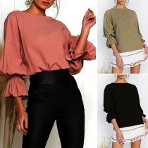 Sweet Style Trumpet Sleeve Round Neck Solid Color Top