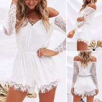 Sexy Off-shoulder Boat Neck Long Sleeve Lace Romper