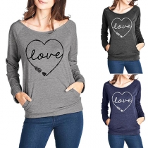 Fashion Heart Letters Printed Long Sleeve Round Neck T-shirt