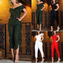 Sexy Off-shoulder Ruffle Boat Neck High Waist Solid Color Jumpsuit