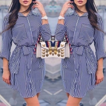 Fashion Long Sleeve POLO Collar Striped Shirt Dress