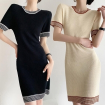 Fashion Striped Spliced Short Sleeve Round Neck Tight Dress