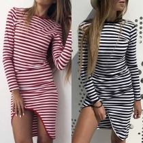 Fashion Long Sleeve Round Neck Irregular Hem Slim Fit Striped Dress