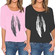 Fashion Half Sleeve Round Neck Feather Printed T-shirt