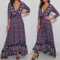 Sexy Deep V-neck Slit Hem 3/4 Sleeve Printed Maxi Dress