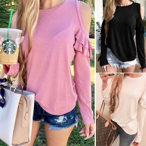 Sexy Off-shoulder Long Sleeve Round Neck Solid Color T-shirt 