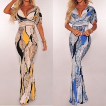 Sexy Deep V-neck Short Sleeve High Waist Printed Maxi Dress