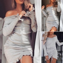 Sexy Off-shoulder Boat Neck Long Sleeve Slim Fit Drawstring Dress