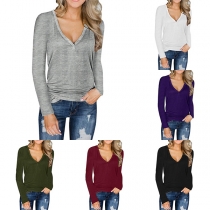 Fashion Solid Color Long Sleeve V-neck Knit Top