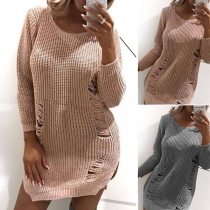 Fashion Solid Color Long Sleeve V-neck Ripped Sweater
