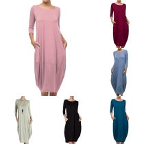 Fashion Solid Color 3/4 Sleeve Round Neck Loose Dress