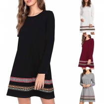 Ethnic Style Printed Spliced Hem Long Sleeve Round Neck Dress