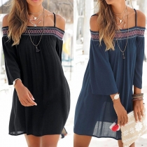 Sexy Off-shoulder Embroidered Boat Neck Chiffon Sling Dress