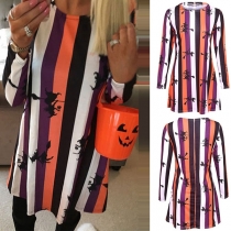 Fashion Long Sleeve Round Neck Colorful Striped Dress