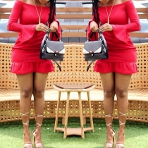 Sexy Off-shoulder Boat Neck Trumpet Sleeve Ruffle Hem Dress