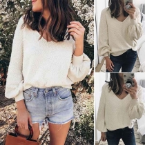 Fashion Solid Color Long Sleeve V-neck Plush Top