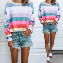 Fashion Long Sleeve Round Neck Colorful Striped Sweatshirt