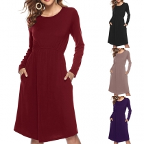 Elegant Solid Color Long Sleeve Round Neck Elastic Waist Dress