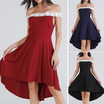 Sexy Lace Spliced Boat Neck High-low Hem Party Dress