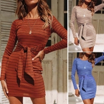 Fashion Long Sleeve Round Neck Lace-up Slim Fit Striped Dress