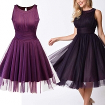 Sexy See-through Gauze Spliced Sleeveless Round Neck Dress