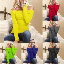Sexy Off-shoulder Boat Neck Long Sleeve Solid Color T-shirt