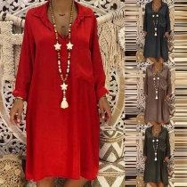 Fashion Solid Color Long Sleeve POLO Collar Loose Shirt Dress