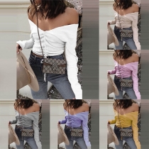 Sexy Off-shoulder V-neck Long Sleeve Drawstring Knit Top