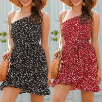 Sexy One-shoulder Long Sleeve Dots Printed Ruffle Dress