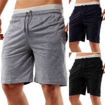 Fahsion Solid Color Elastic Drawstring Waist Men's Beach Shorts
